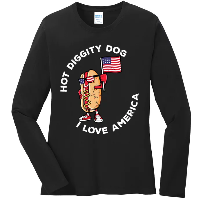 Hot Diggity Dog July 4th America Patriotic Picnic Usa Funny Ladies Long Sleeve Shirt