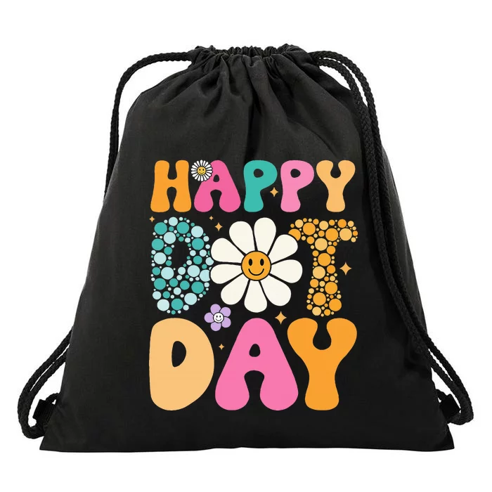 Happy Dot Day Hippie Flowers Smile Face Groovy Teacher Drawstring Bag