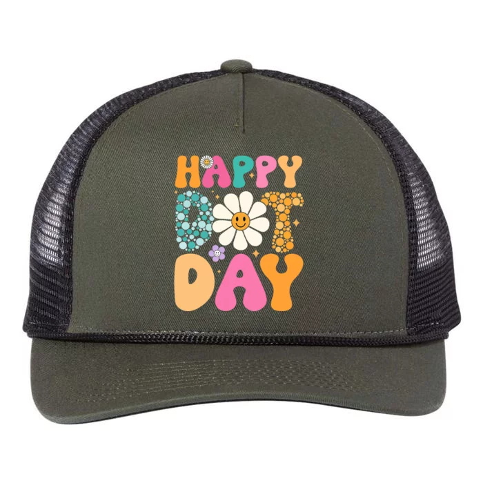 Happy Dot Day Hippie Flowers Smile Face Groovy Teacher Retro Rope Trucker Hat Cap