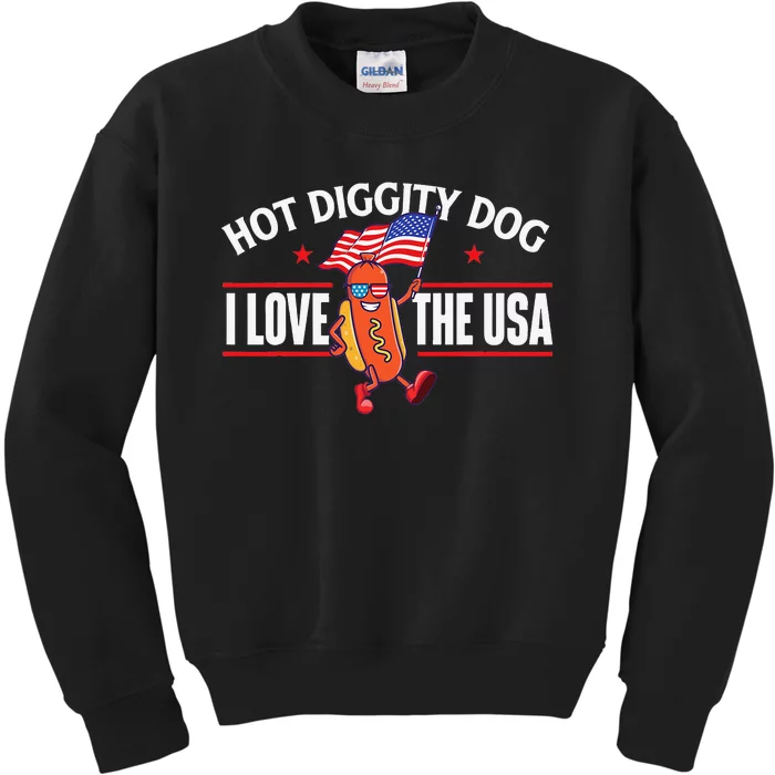 Hot Diggity Dog USA American Flag 4th of July Fourth Kids Sweatshirt