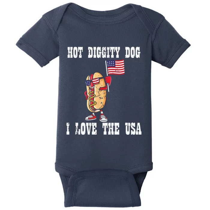 Hot Diggity Dog July 4th Patriotic BBQ Picnic America Funny Baby Bodysuit