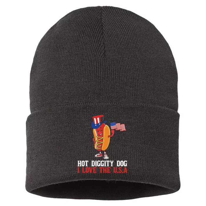 Hot Diggity Dog I Love The USA Happy 4th Of July Hotdog Sustainable Knit Beanie