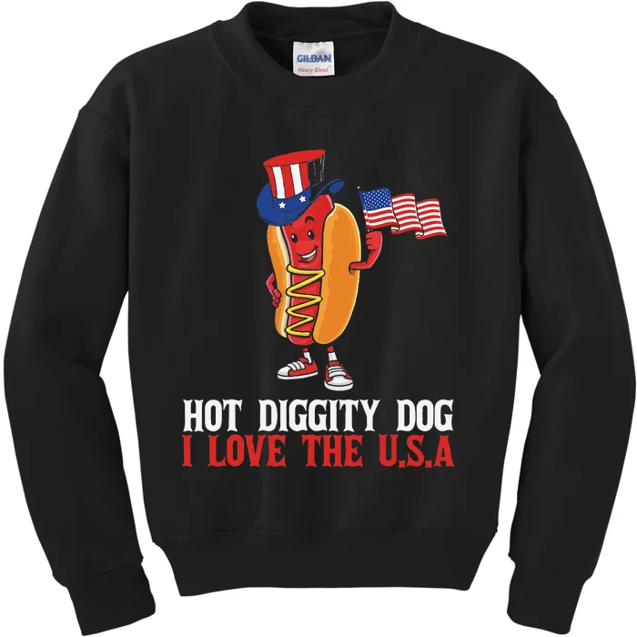 Hot Diggity Dog I Love The USA Happy 4th Of July Hotdog Kids Sweatshirt