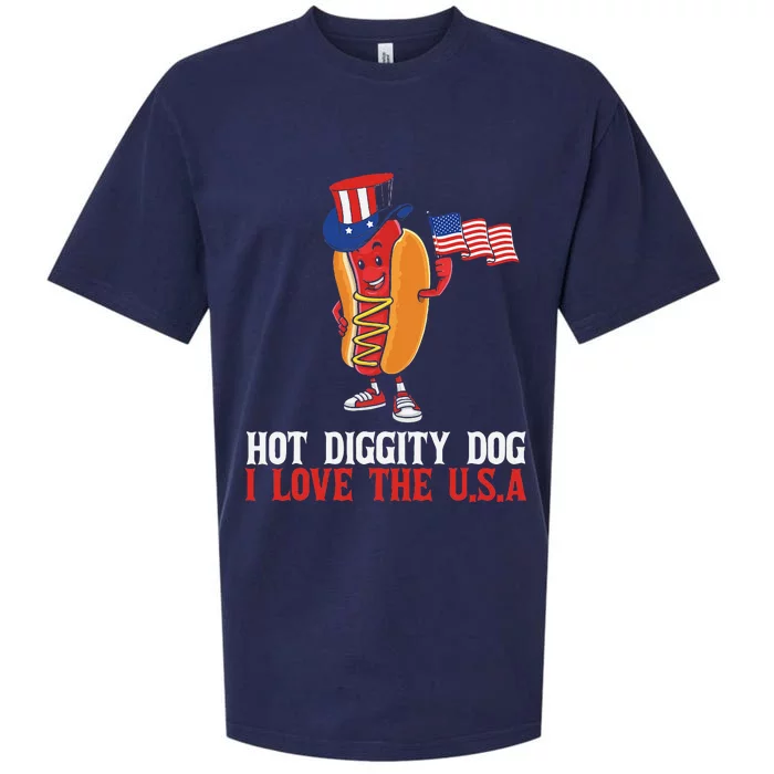 Hot Diggity Dog I Love The USA Happy 4th Of July Hotdog Sueded Cloud Jersey T-Shirt