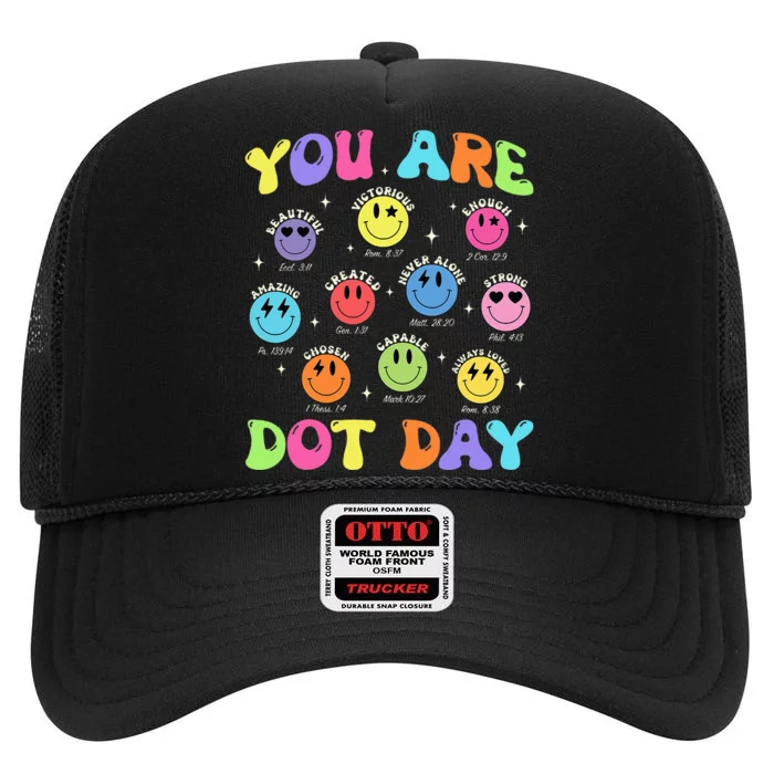 Happy Dot Day Teacher Smile Face High Crown Mesh Trucker Hat