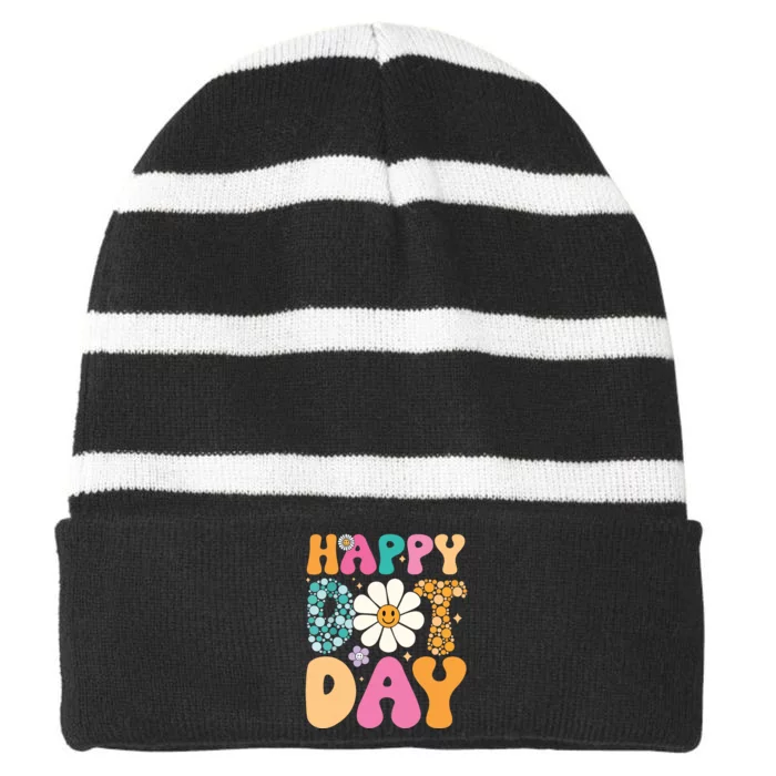 Happy Dot Day Hippie Flowers Smile Face Groovy Teacher Striped Beanie with Solid Band