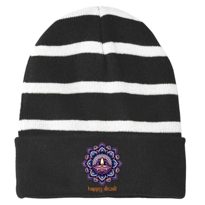 Happy Diwali Diya Oil Lamp Deepavali Festival Of Lights Striped Beanie with Solid Band