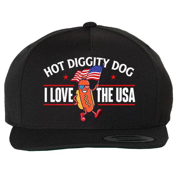 Hot Diggity Dog USA American Flag 4th Of July Fourth Wool Snapback Cap