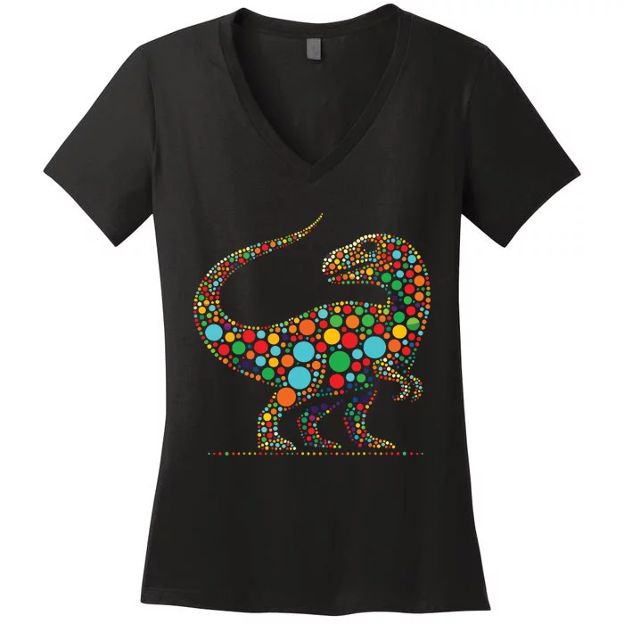 Happy Dot Day Colorful Polka Dot Dinosaur Women's V-Neck T-Shirt