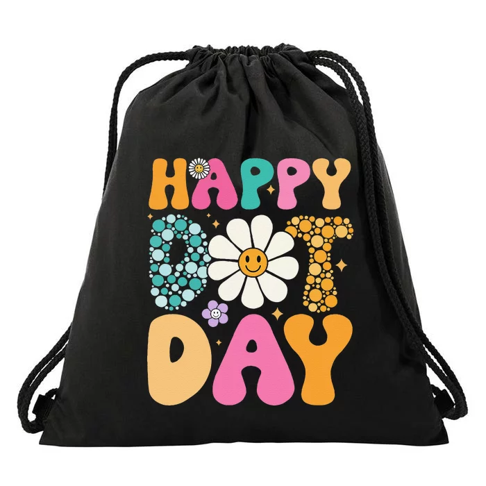 Happy Dot Day Hippie Flowers Smile Face Groovy Teacher Gift Drawstring Bag