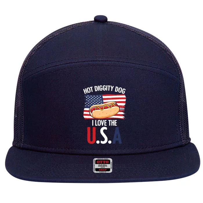 Hot Diggity Dog I Love Usa 4th Of July Hotdog Bun Lover Cute Gift 7 Panel Mesh Trucker Snapback Hat