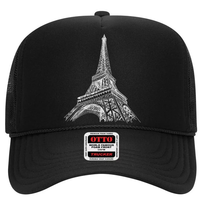 Hand Drawn Eiffel Tower High Crown Mesh Trucker Hat