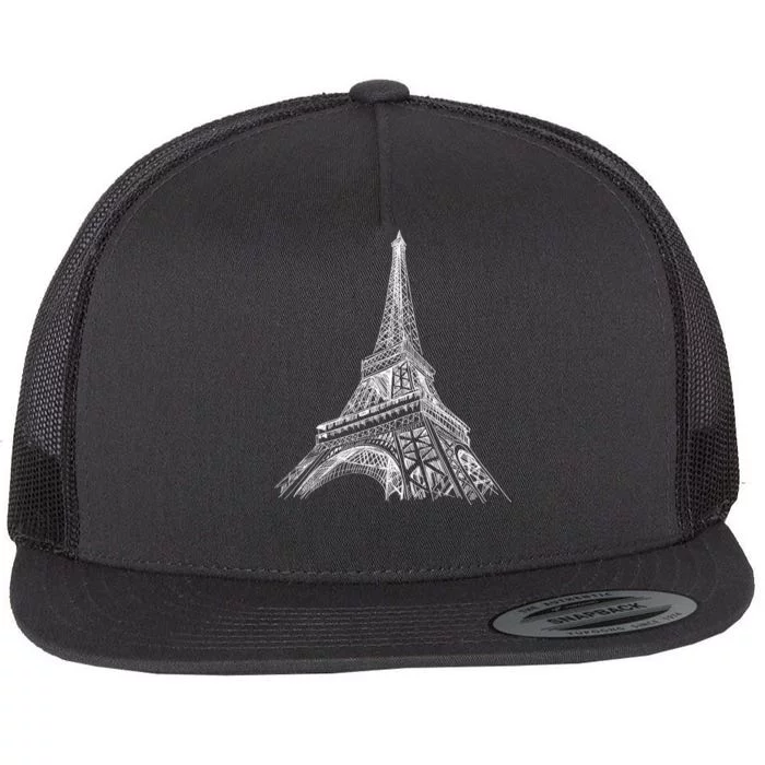 Hand Drawn Eiffel Tower Flat Bill Trucker Hat