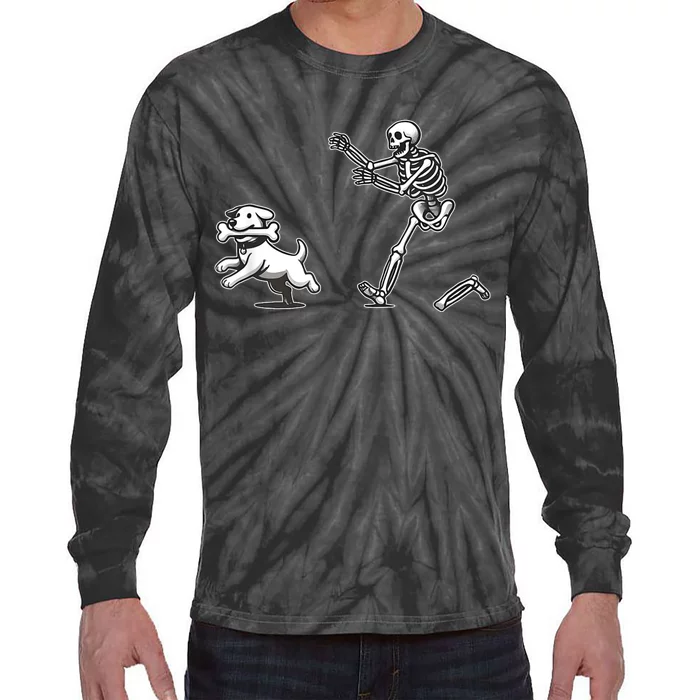 Halloween Dog Funny Skeleton Skeleton Chasing Dog Tie-Dye Long Sleeve Shirt