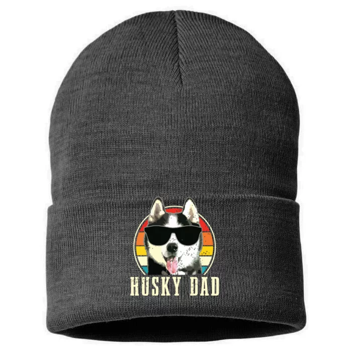 Husky Dad Funny Dog Sunglasses Vintage Siberian Husky Sustainable Knit Beanie