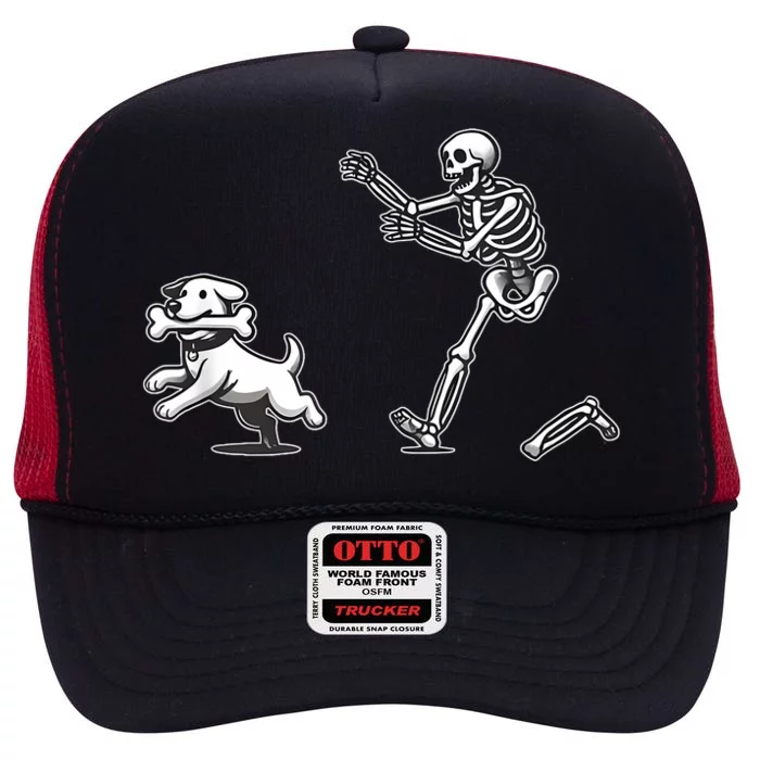 Halloween Dog Funny Skeleton Skeleton Chasing Dog High Crown Mesh Trucker Hat