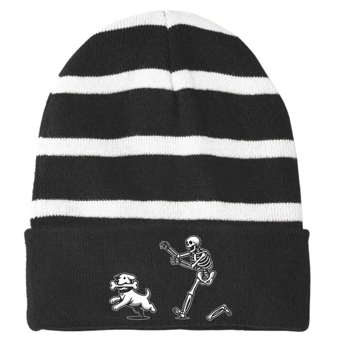 Halloween Dog Funny Skeleton Skeleton Chasing Dog Striped Beanie with Solid Band