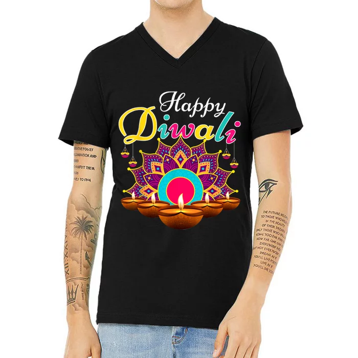 Happy Diwali Funny Festival Costume Lights Matching Family V-Neck T-Shirt