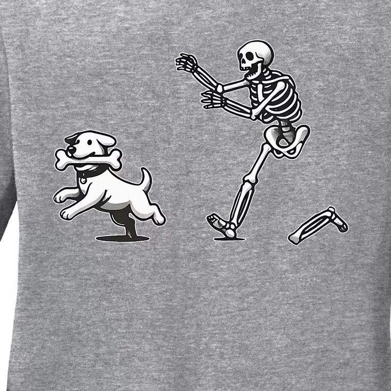 Halloween Dog Funny Skeleton Skeleton Chasing Dog Ladies Long Sleeve Shirt