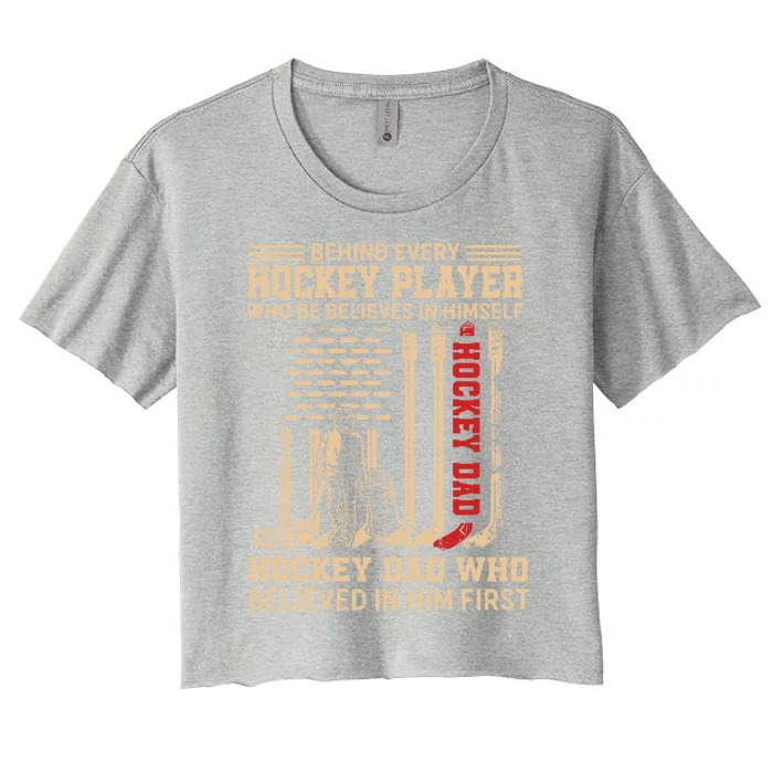 Hockey Dad Gift Hockey American Flag Happy Fathers Day Funny Gift Women's Crop Top Tee