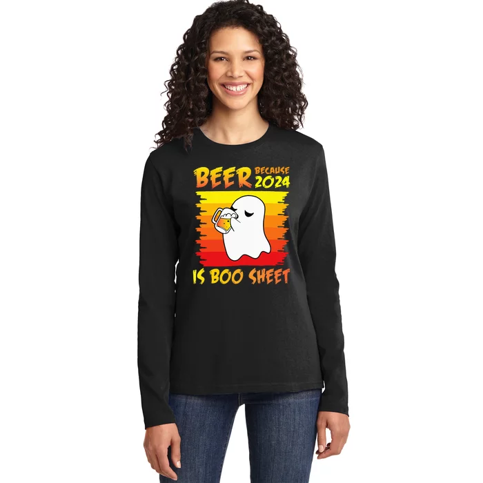 Halloween Day Ghost Drinking Beer Because 2024 Is Boo Sheet Ladies Long Sleeve Shirt