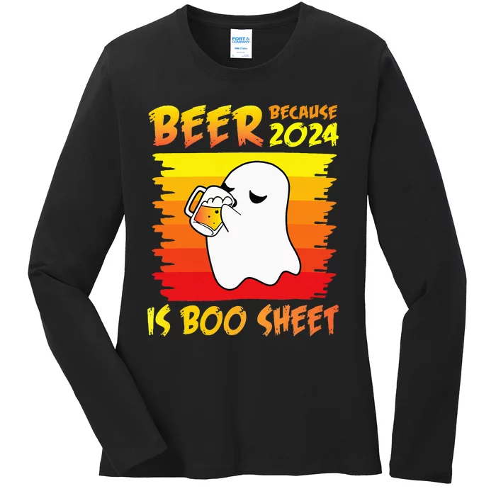 Halloween Day Ghost Drinking Beer Because 2024 Is Boo Sheet Ladies Long Sleeve Shirt