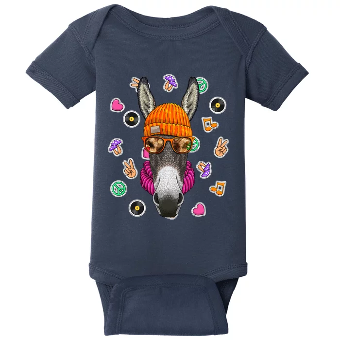 Hipster Donkey Geek Nerd Glasses Animal Love Peace Sign Gift Baby Bodysuit