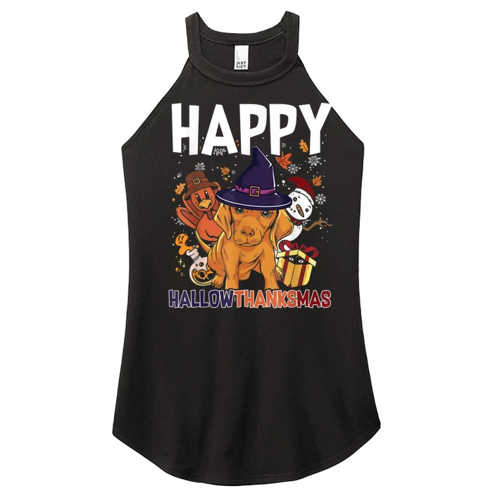 Hallothanksmas Dachshund Halloween Christmas Thanksgiving Women’s Perfect Tri Rocker Tank