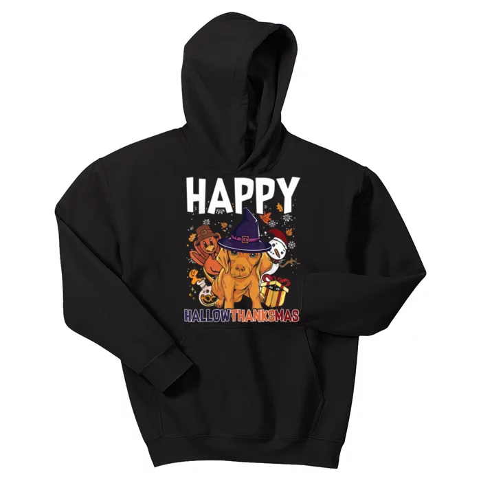 Hallothanksmas Dachshund Halloween Christmas Thanksgiving Kids Hoodie