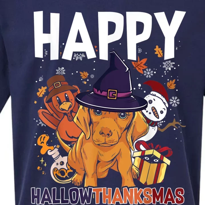 Hallothanksmas Dachshund Halloween Christmas Thanksgiving Sueded Cloud Jersey T-Shirt