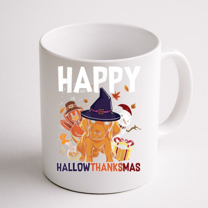 Hallothanksmas Dachshund Halloween Christmas Thanksgiving Front & Back Coffee Mug