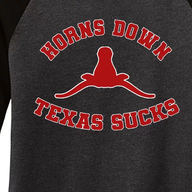 Horns Down  Horns Down Texas Sucks Women's Tri-Blend 3/4-Sleeve Raglan Shirt