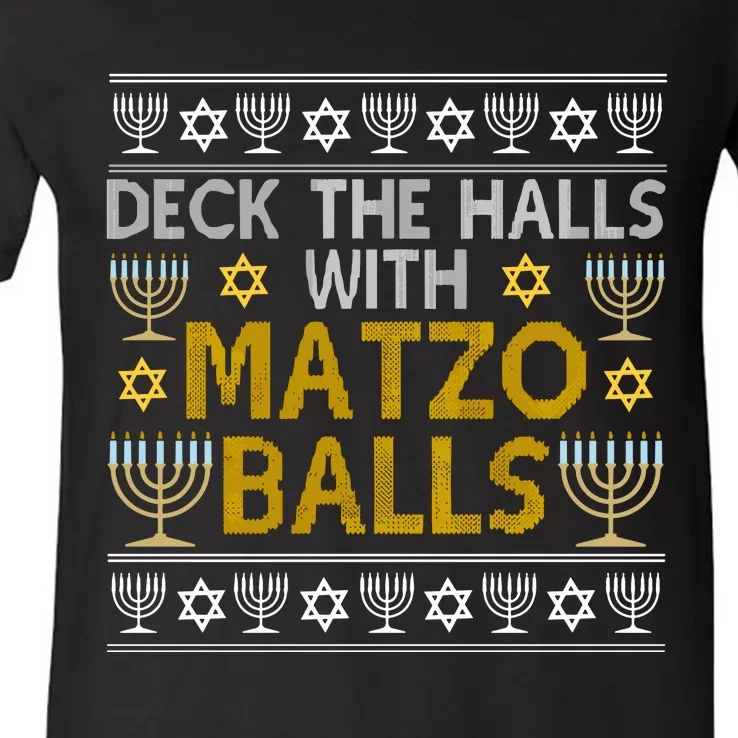 Hanukkah Deck Hall With Matzo Ball Ugly Sweater Funny Jewish V-Neck T-Shirt