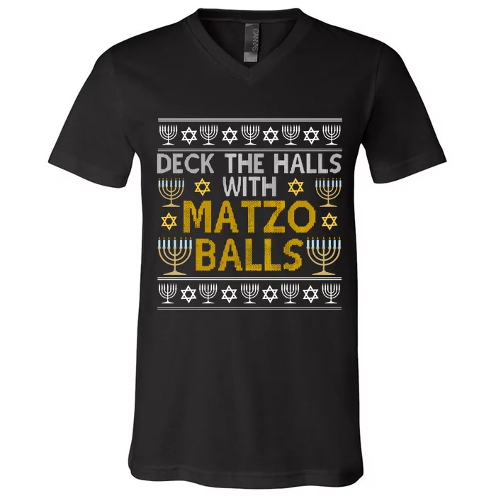 Hanukkah Deck Hall With Matzo Ball Ugly Sweater Funny Jewish V-Neck T-Shirt