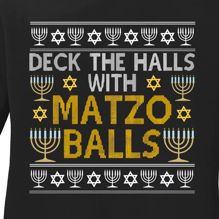 Hanukkah Deck Hall With Matzo Ball Ugly Sweater Funny Jewish Ladies Long Sleeve Shirt