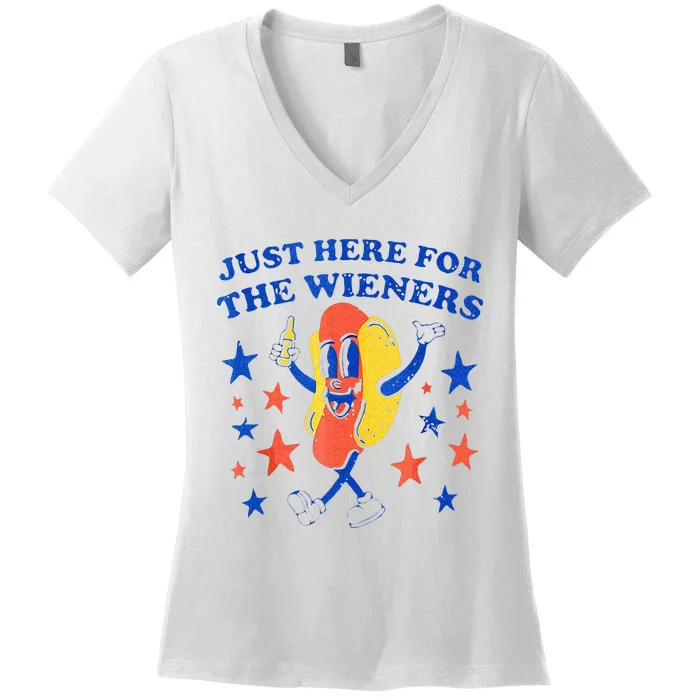 Hot Dog Im Just Here For The Wieners 4th Of July Funny Women's V-Neck T-Shirt