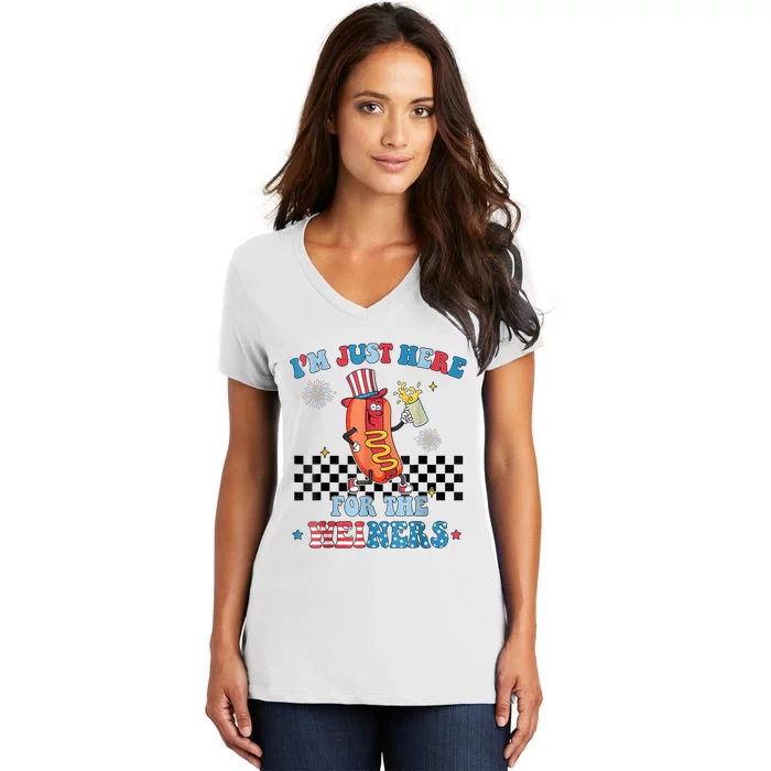 Hot Dog Im Just Here For The Wieners 4Th Of July Women's V-Neck T-Shirt