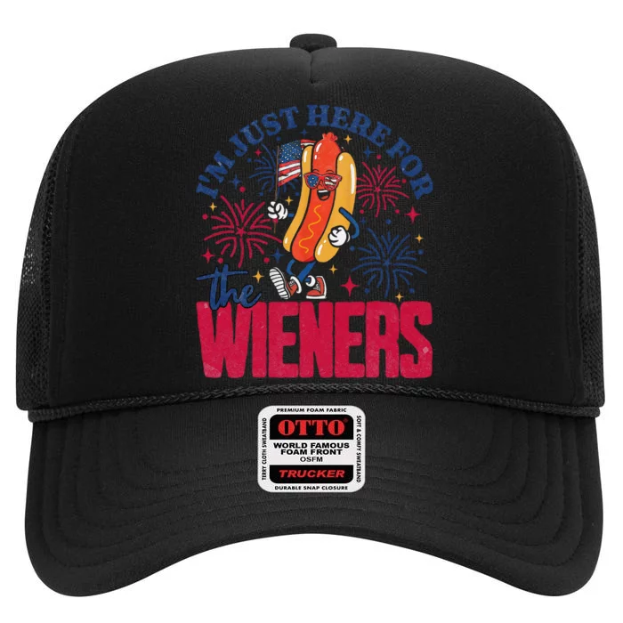 Hot Dog IM Just Here For The Wieners 4th Of July Gift High Crown Mesh Trucker Hat