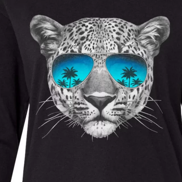 Hand Drawn Leopard Portrait Mirror Sunglasses Womens Cotton Relaxed Long Sleeve T-Shirt