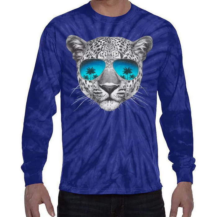 Hand Drawn Leopard Portrait Mirror Sunglasses Tie-Dye Long Sleeve Shirt