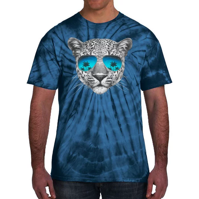 Hand Drawn Leopard Portrait Mirror Sunglasses Tie-Dye T-Shirt