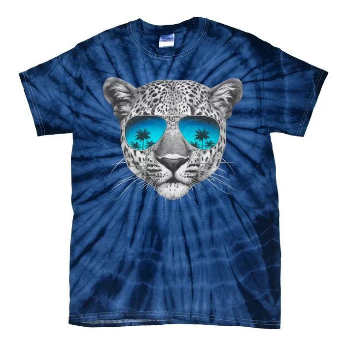 Hand Drawn Leopard Portrait Mirror Sunglasses Tie-Dye T-Shirt