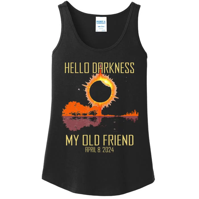 Hello Darkness My Old Friend Solar Eclipse April 08 2024 Ladies Essential Tank