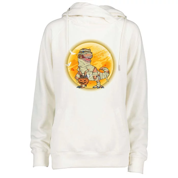 Happy Dinosaur Mummy Halloweeen Pumpkin T Rex Lover Witch Gift Womens Funnel Neck Pullover Hood