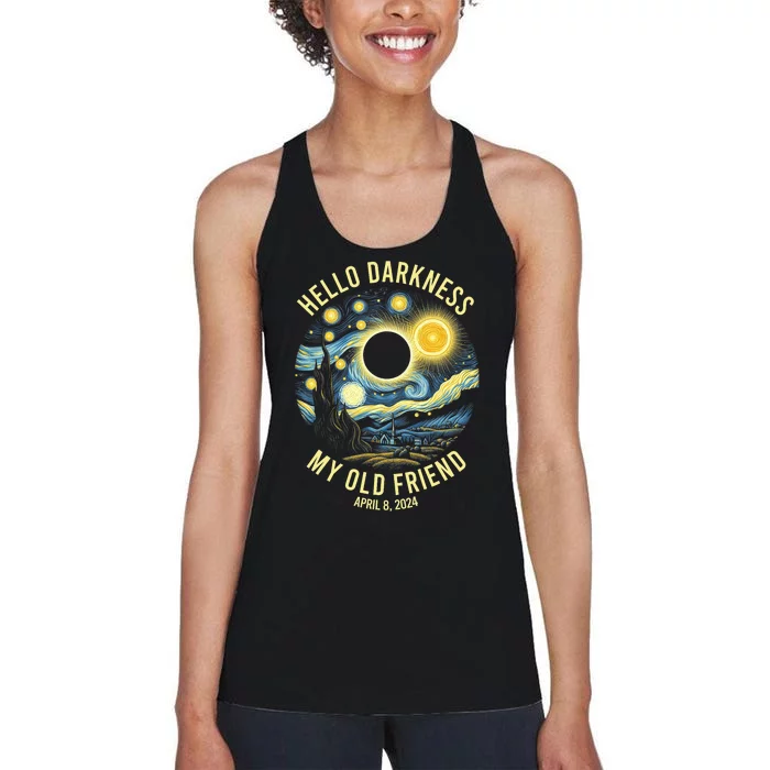 Hello Darkness My Old Friend Solar Eclipse April 8 2024 Vintage Design Women's Racerback Tank