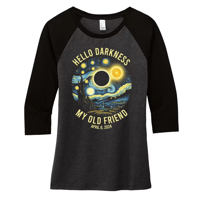 Hello Darkness My Old Friend Solar Eclipse April 8 2024 Vintage Design Women's Tri-Blend 3/4-Sleeve Raglan Shirt