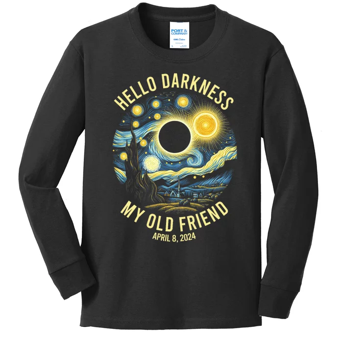 Hello Darkness My Old Friend Solar Eclipse April 8 2024 Vintage Design Kids Long Sleeve Shirt