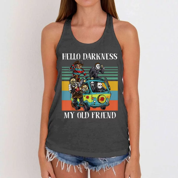 Hello Darkness My Old Friend Vintage Horror Halloween Squad Women's Knotted Racerback Tank