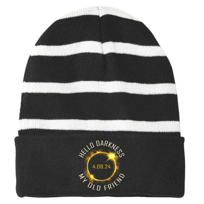 Hello Darkness My Old Friend Solar Eclipse April 08 2024 Gift Striped Beanie with Solid Band