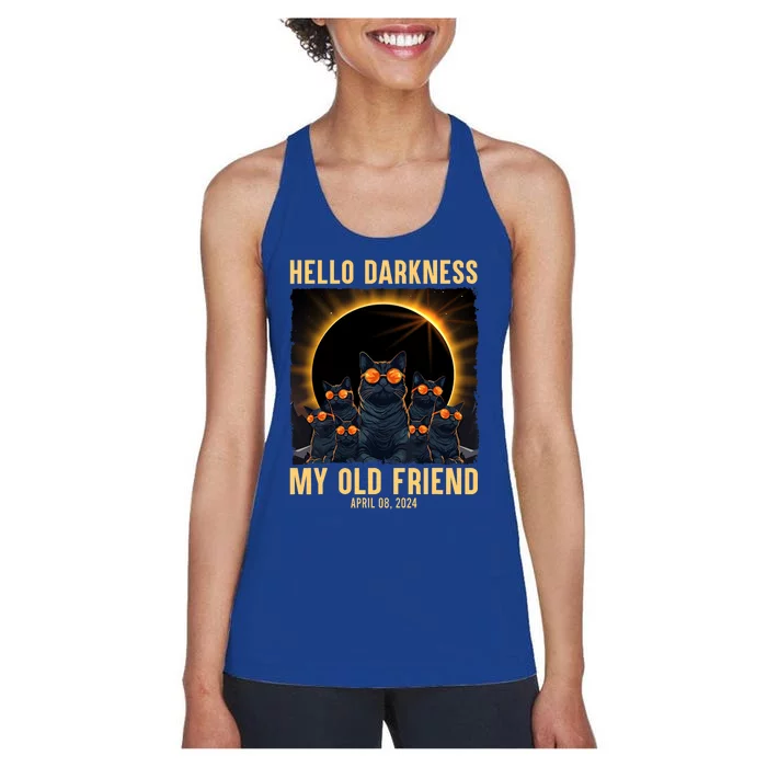 Hello Darkness My Old Friend Solar Eclipse April 08 2024 Funny Cat Women's Racerback Tank